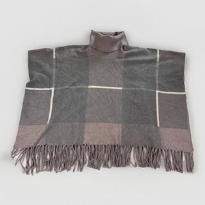 House of Harlow Poncho Womens One Multicolor Windowpane Plaid‎ Lilac Knit Fringe